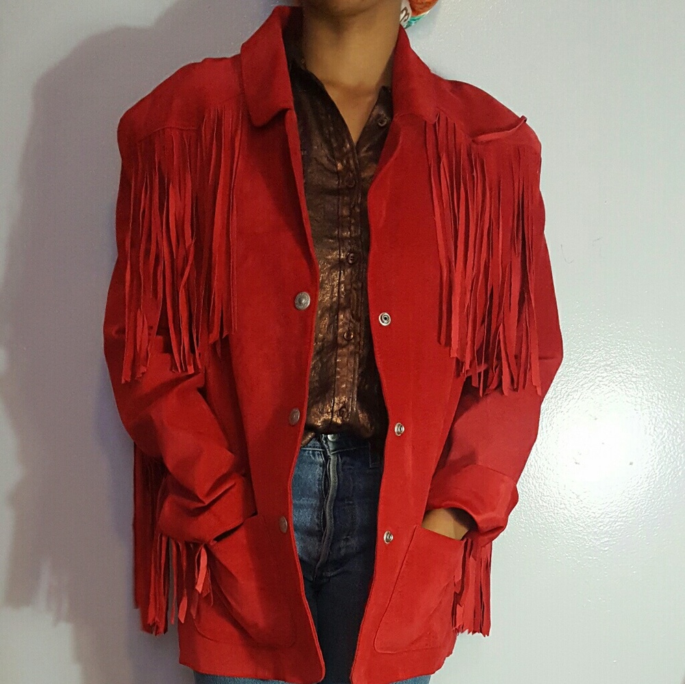 NWOT Red suede leather fringe jacket sz10
